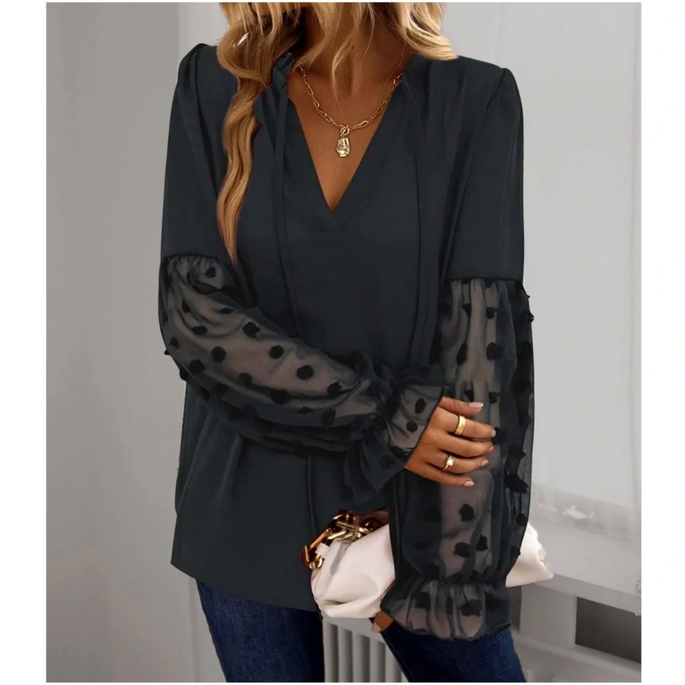 Boho Swiss Dot Sheer Sleeve Ruffle Blouse - Picture 3 of 14